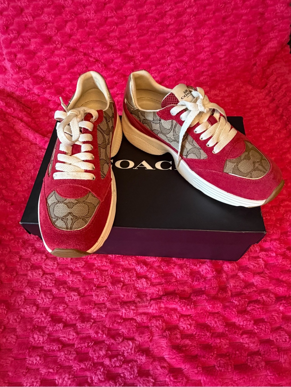 Coach Red Suede and Brown Logo Panel Sneakers